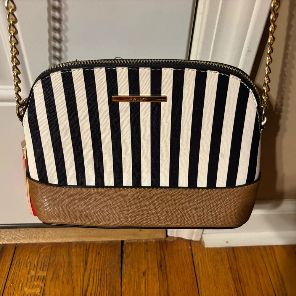 Aldo Navy and White Striped Crossbody Bag with Brown and Red Accents NWOT - Picture 6 of 13